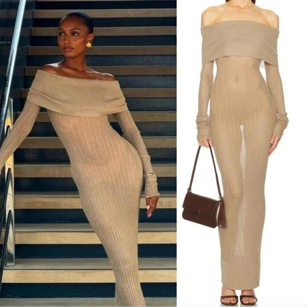 Helsa Justin Knit Off the Shoulder Sheer Long Sleeve Beige Maxi Dress S $258msrp - Picture 1 of 11